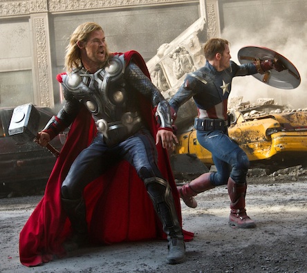 ?Marvel's The Avengers?.. Thor (Chris Hemsworth) and Captain America (Chris Evans) join forces in ?Marvel?s The Avengers,? opening in theaters on May 4, 2012. The Joss Whedon?directed action-adventure is presented by Marvel Studios in association with Paramount Pictures and also stars Robert Downey Jr., Mark Ruffalo, Scarlett Johansson, Jeremy Renner and Samuel L. Jackson. ..© 2011 MVLFFLLC. TM & © 2011 Marvel. All Rights Reserved.