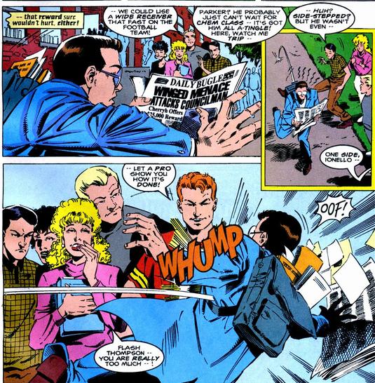 Peter Parker sofrendo o bullying de Flash Thompson no colegial