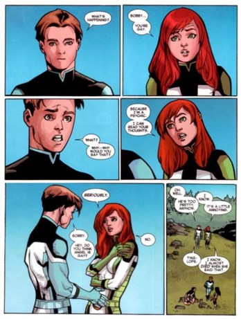 Cena de All-New X-Men #40 (abril de 2015): a telepata indiscreta Jean Grey revela a seu colega Bobby Drake, o Homem de Gelo, que sabe que ele é gay. A história causou controvérsia entre os fãs. 